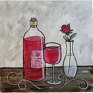Original Red Wine Canvas Painting Signed by CVilla 12x12 Acrylics